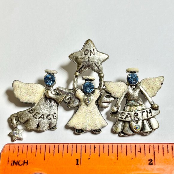 Vintage Christmas Angel Brooch Pin Silver Tone PEACE ON EARTH Star Blue Crystal - Picture 8 of 9
